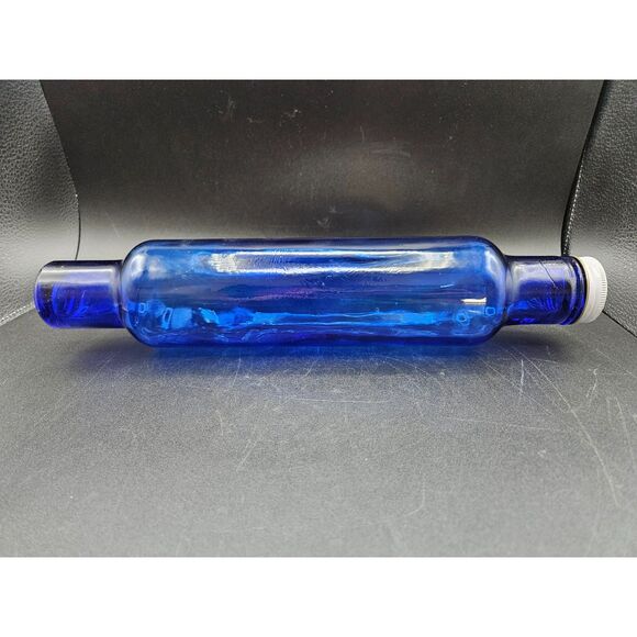 Vintage Cobalt Blue Bubble Glass Rolling Pin Hollow Metal Cap 14" Beautiful - Picture 2 of 6